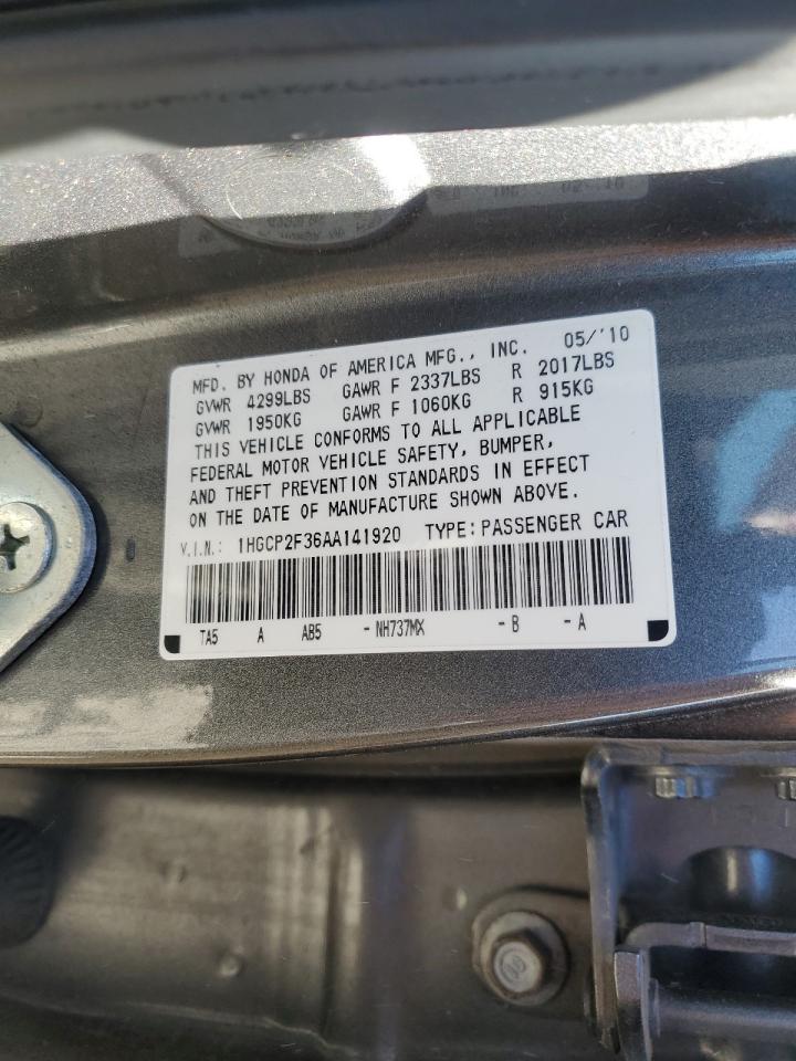 2010 Honda Accord VIN 1HGCP2F36AA141920 Copart auction photo, all over damage thumbnail 15