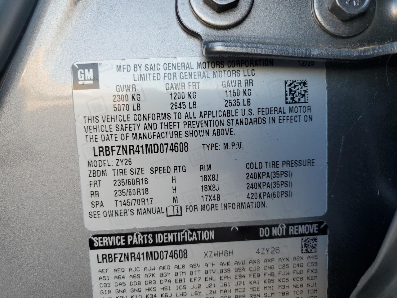 2021 Buick Envision VIN LRBFZNR41MD074608 Copart auction photo, front end damage thumbnail 13