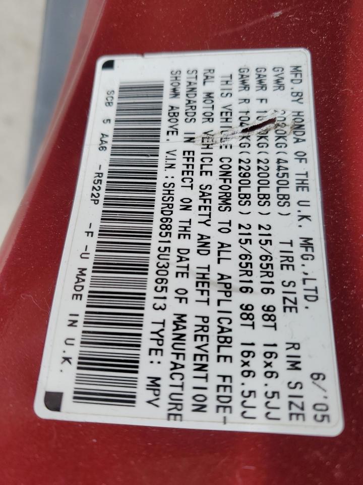 2005 Honda CR-V VIN SHSRD68515U306513 Copart auction photo, front end damage thumbnail 13