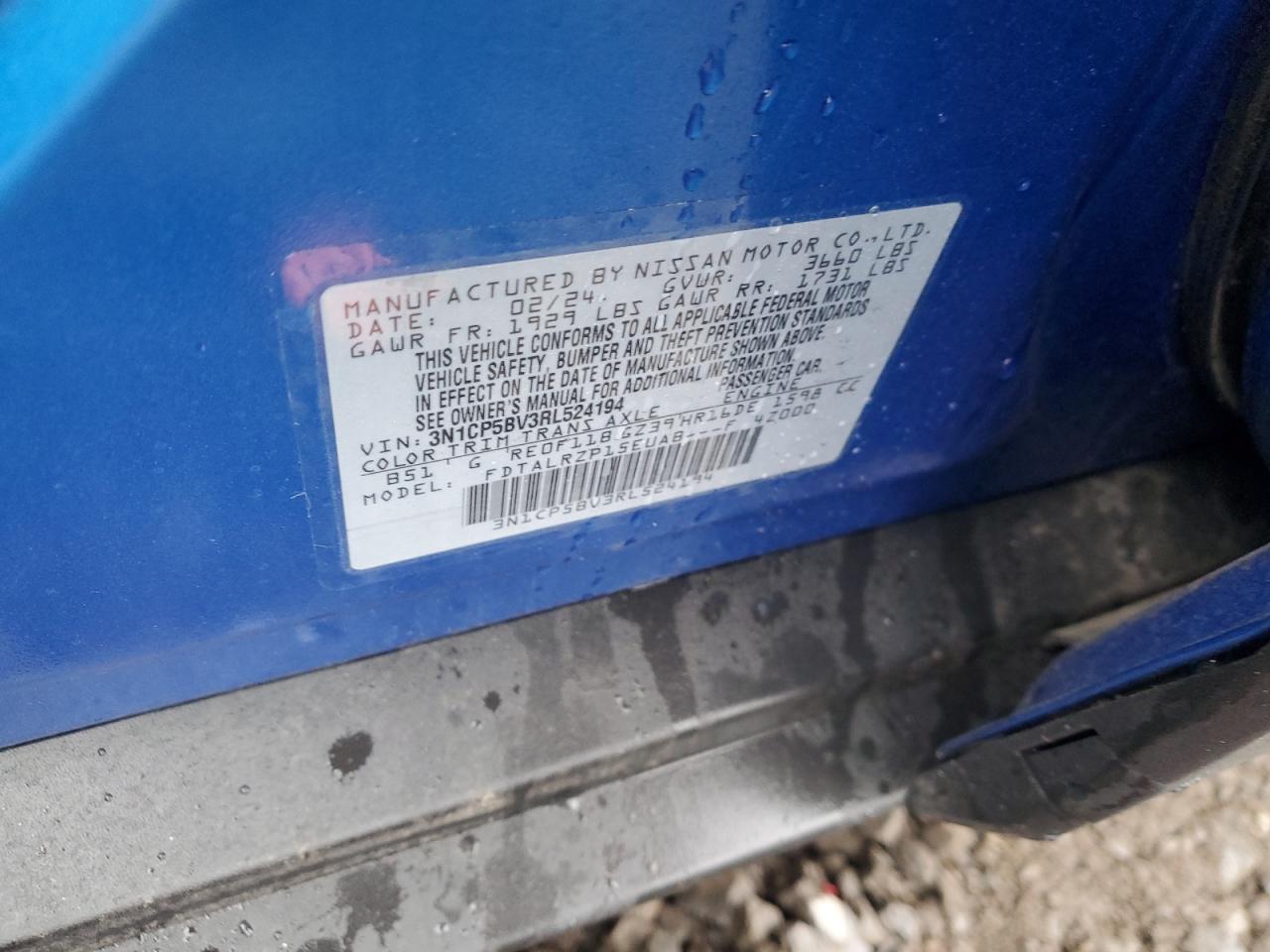 2024 Nissan Kicks VIN 3N1CP5BV3RL524194 Copart auction photo, front end / side damage thumbnail 12