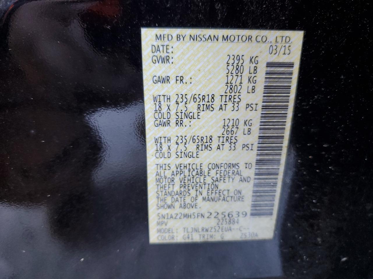 2015 Nissan Murano VIN 5N1AZ2MH5FN225639 Copart auction photo, side damage thumbnail 14