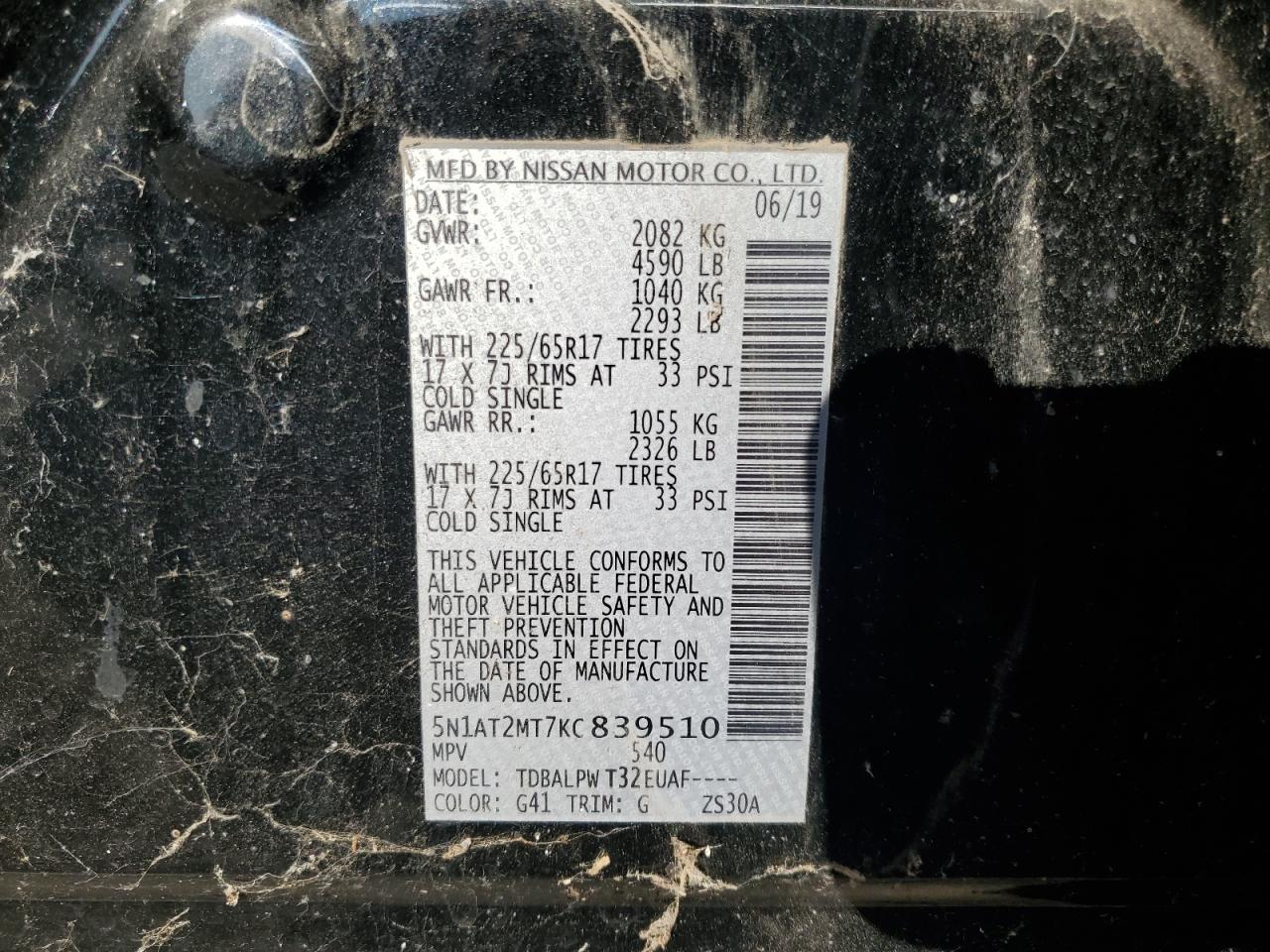 2019 Nissan Rogue VIN 5N1AT2MT7KC839510 Copart auction photo, front end damage thumbnail 13