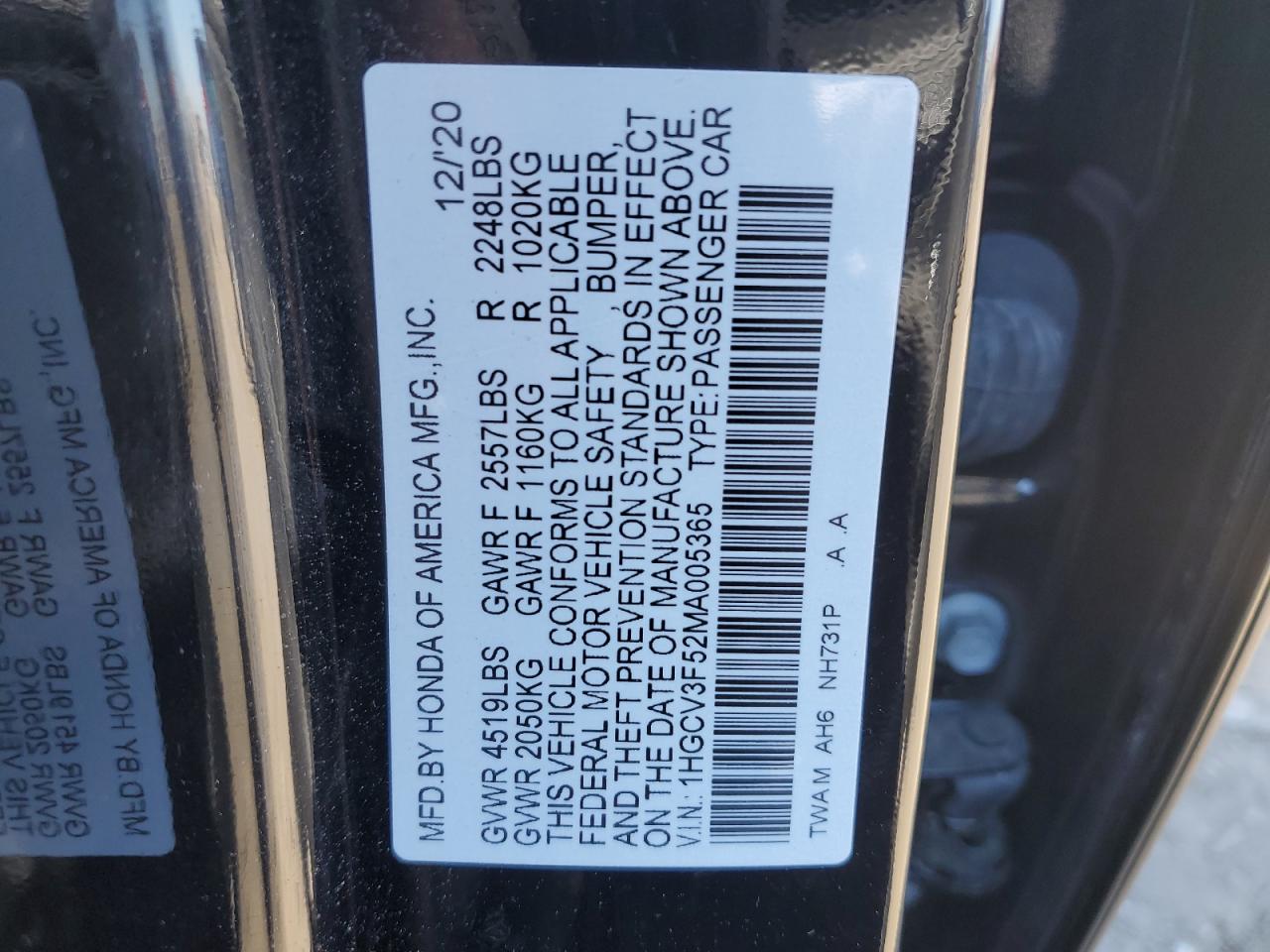 2021 Honda Accord VIN 1HGCV3F52MA005365 Copart auction photo, front end damage thumbnail 12