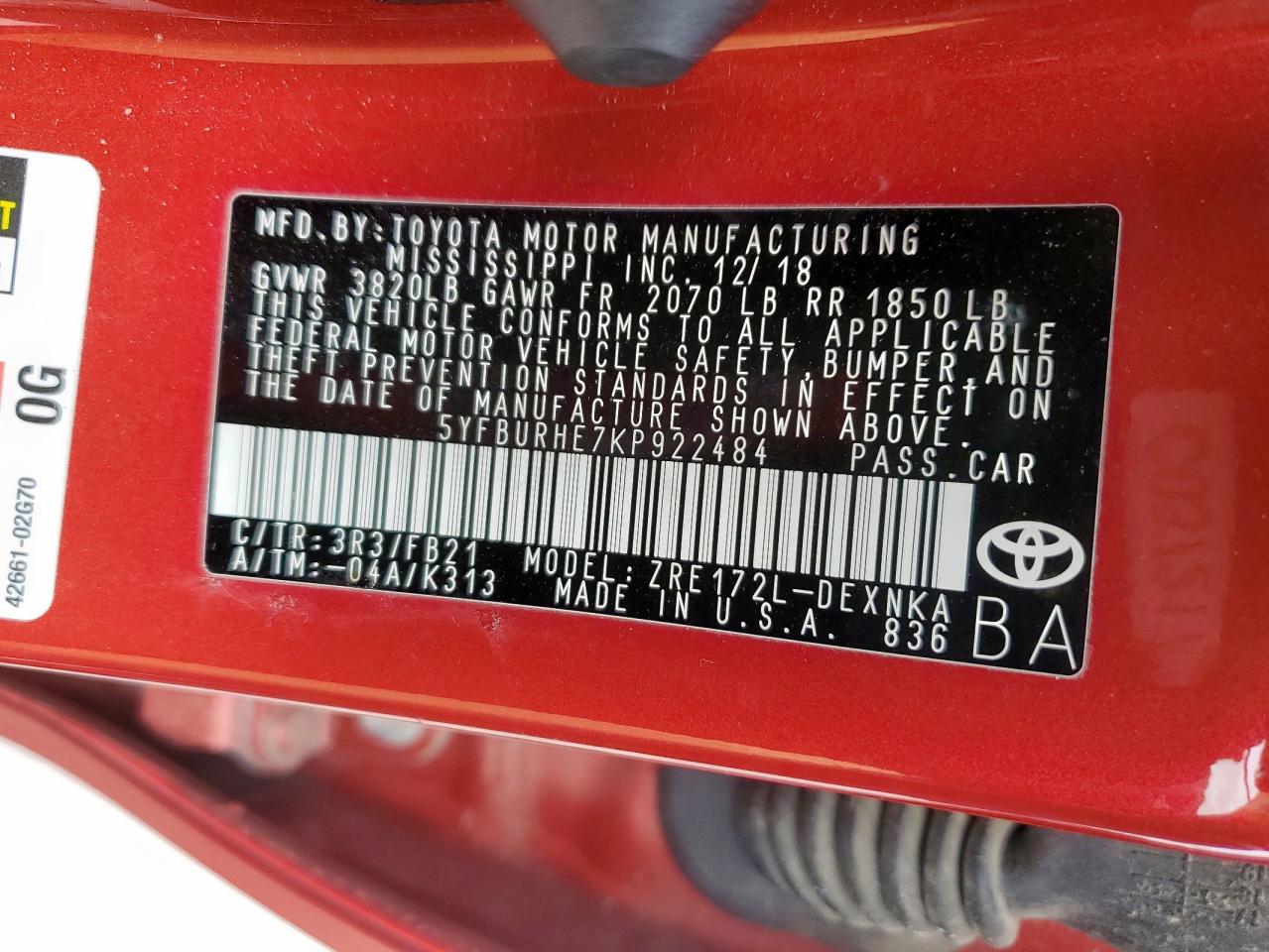2019 Toyota Corolla VIN 5YFBURHE7KP922484 Copart auction photo, front end damage thumbnail 12