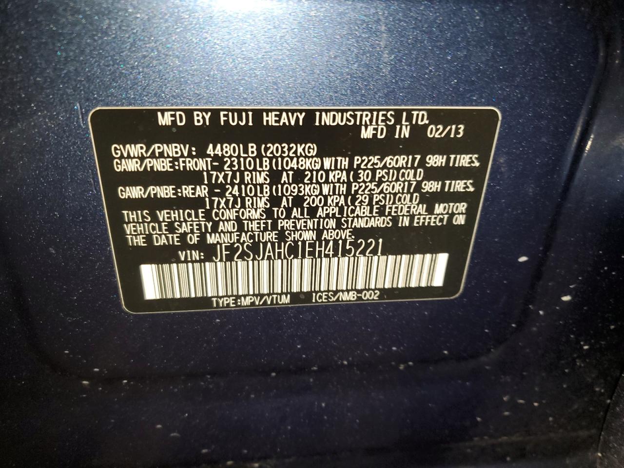 2014 Subaru Forester VIN JF2SJAHC1EH415221 Copart auction photo, front end damage thumbnail 12