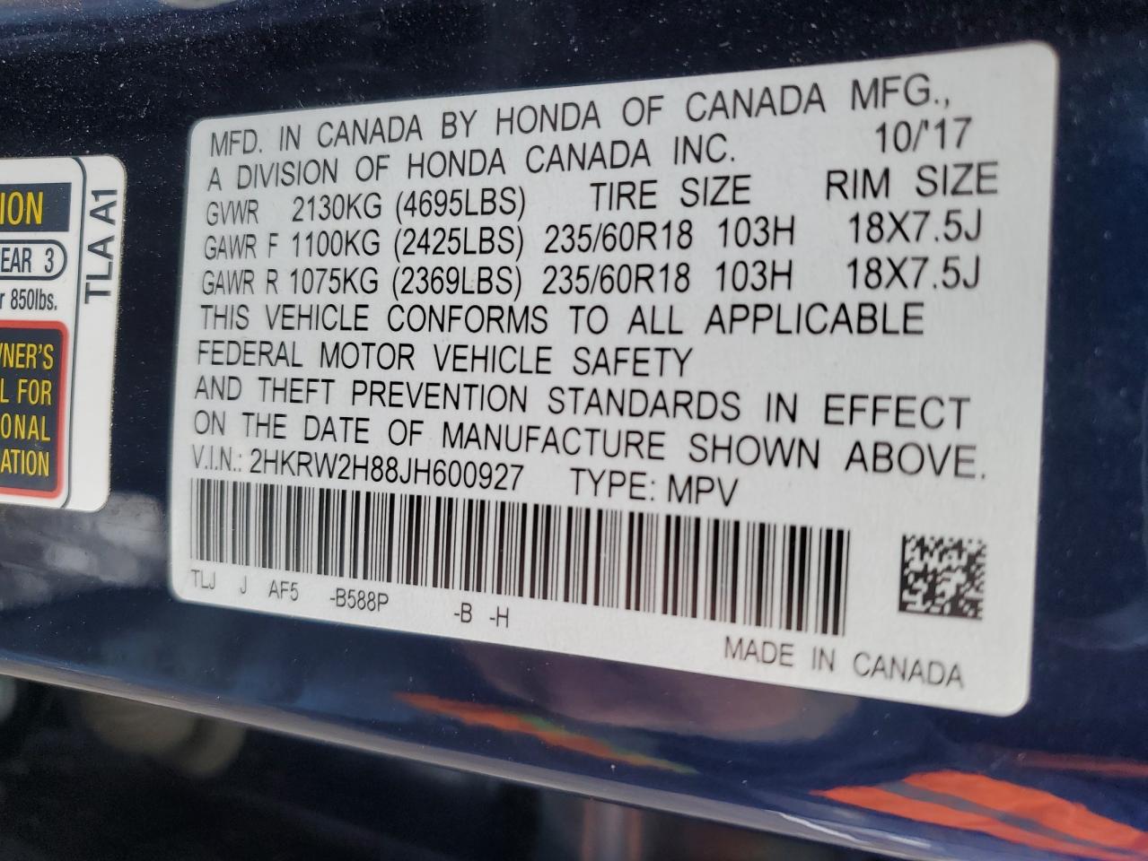 2018 Honda CR-V VIN 2HKRW2H88JH600927 Copart auction photo, side / front end damage thumbnail 13