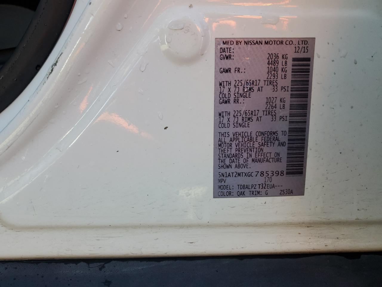 2016 Nissan Rogue VIN 5N1AT2MTXGC785398 Copart auction photo, rear end / front end damage thumbnail 14