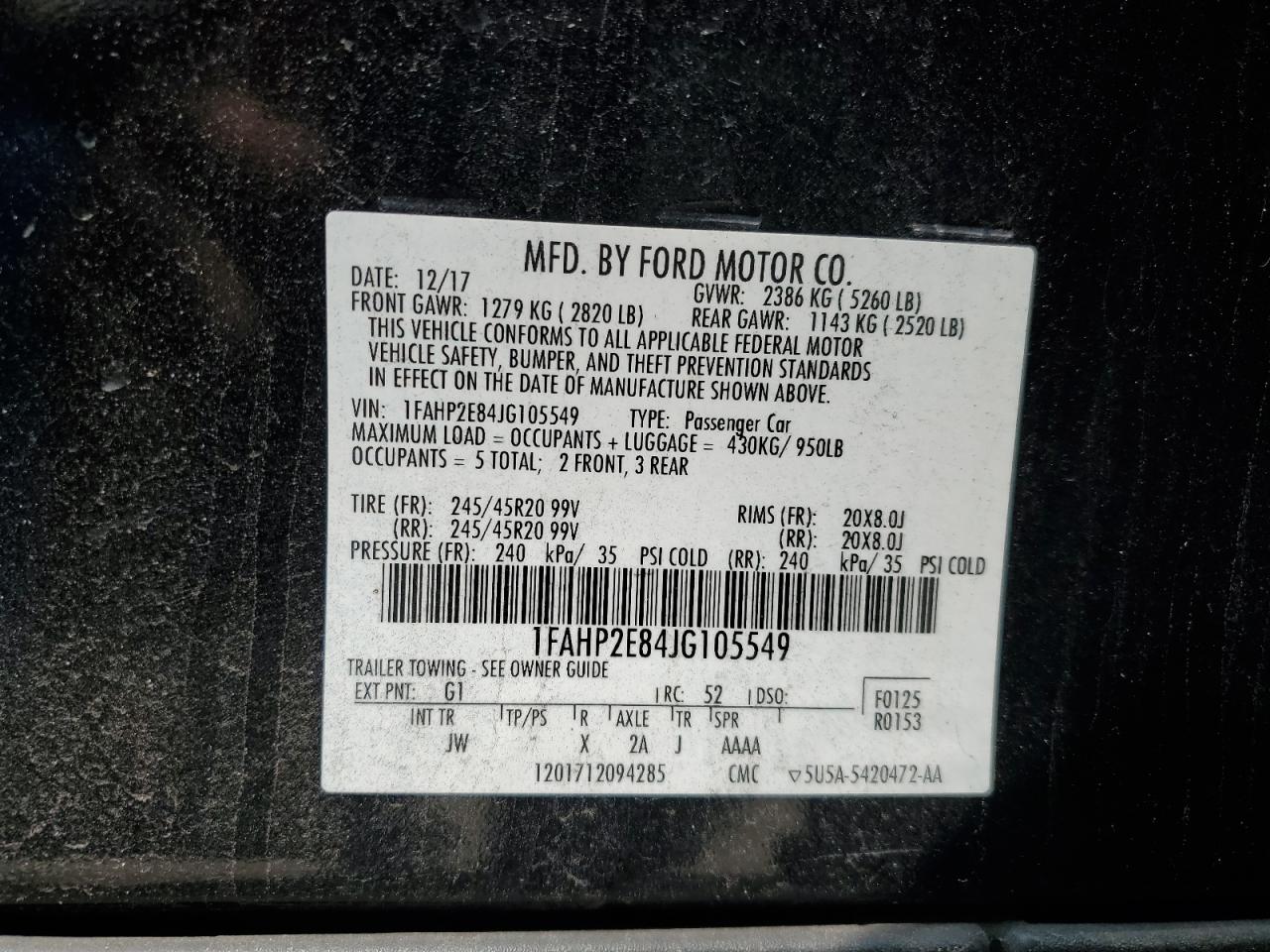 2018 Ford Taurus VIN 1FAHP2E84JG105549 Copart auction photo, front end / minor dent/scratches damage thumbnail 12