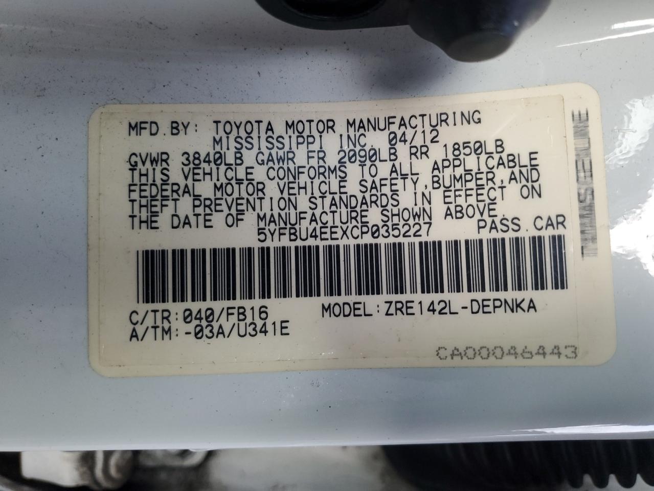 2012 Toyota Corolla VIN 5YFBU4EEXCP035227 Copart auction photo, side / front end damage thumbnail 12