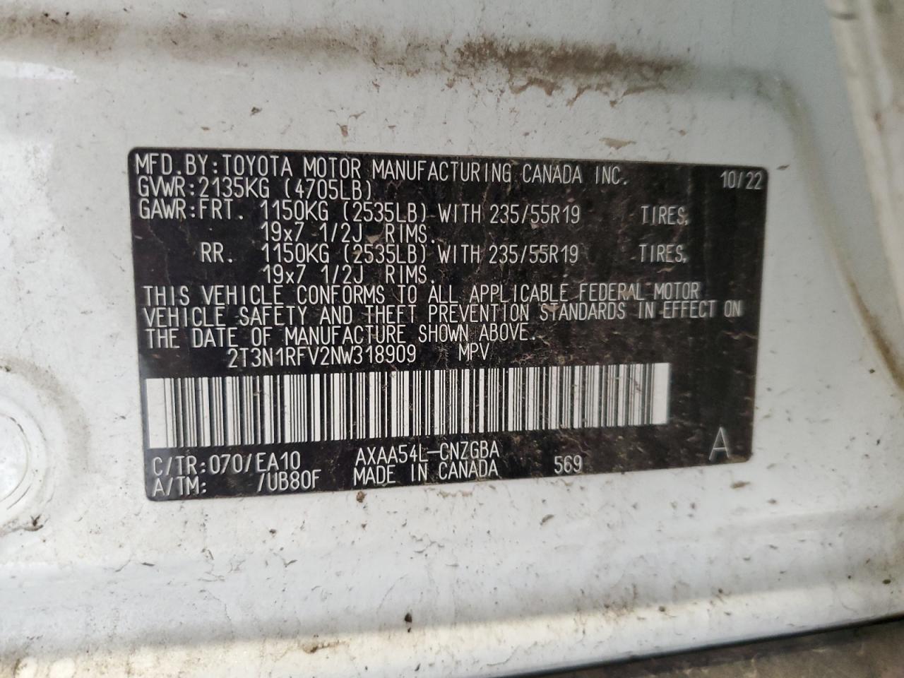 2022 Toyota RAV 4 VIN 2T3N1RFV2NW318909 Copart auction photo, front end / side damage thumbnail 15