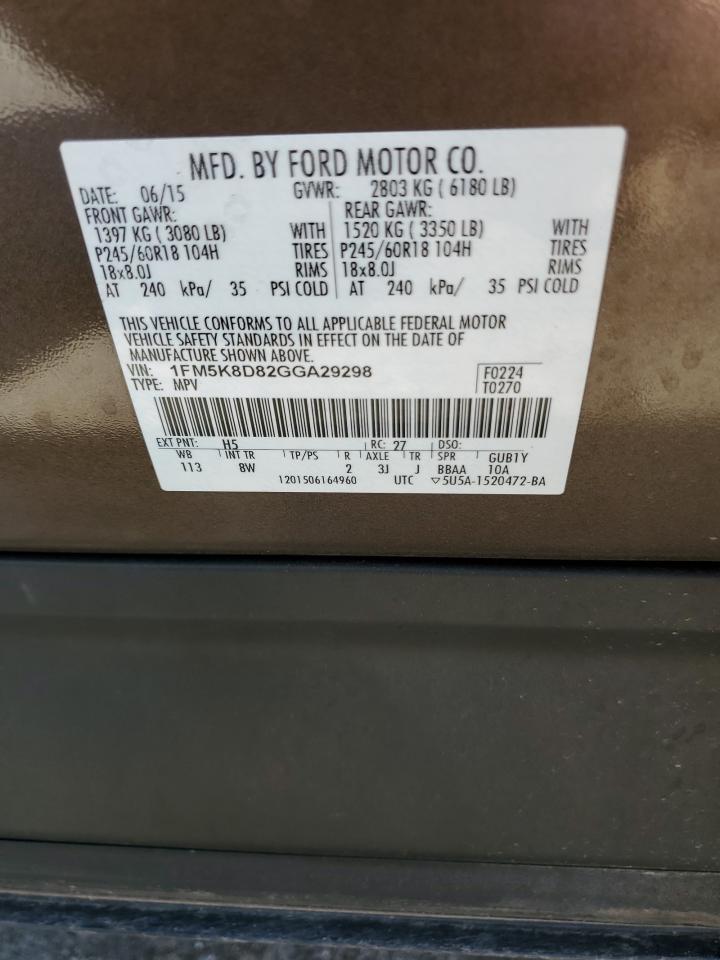 2016 Ford Explorer VIN 1FM5K8D82GGA29298 Copart auction photo, undercarriage damage thumbnail 13
