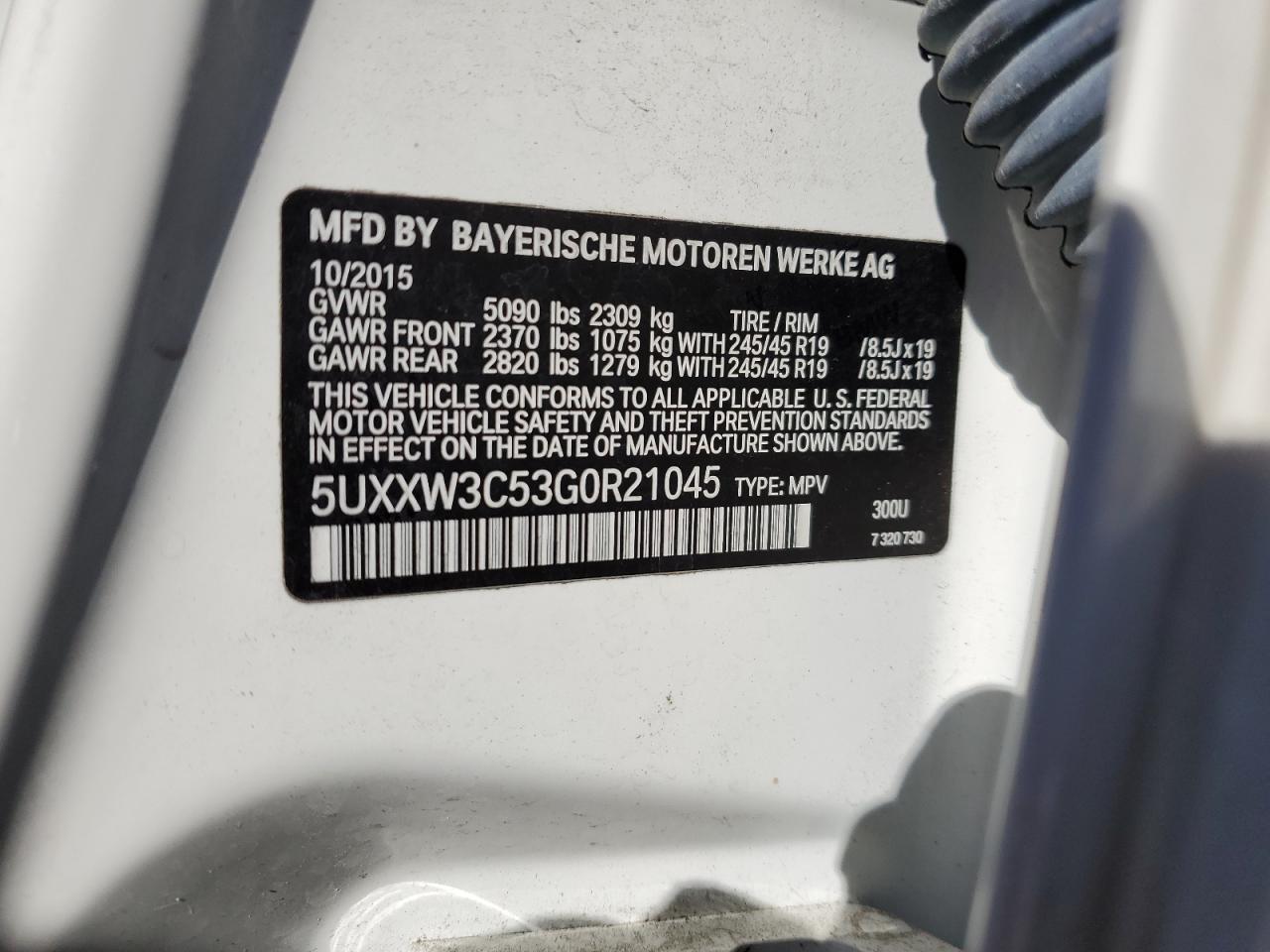 2016 BMW X4 VIN 5UXXW3C53G0R21045 Copart auction photo, front end / side damage thumbnail 14