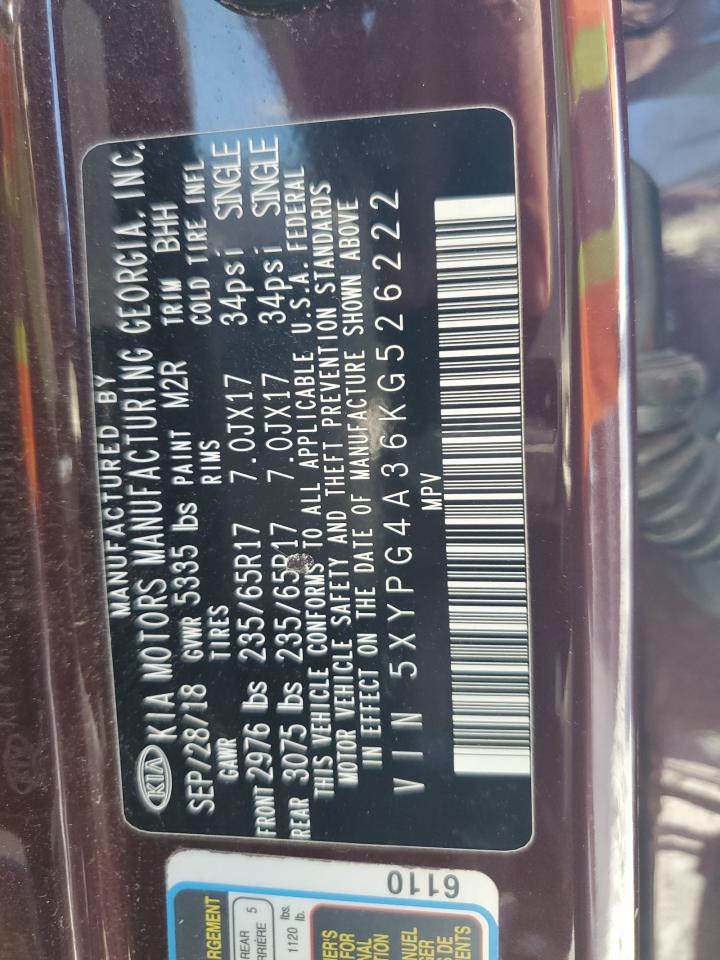 2019 KIA Sorento VIN 5XYPG4A36KG526222 Copart auction photo, front end / minor dent/scratches damage thumbnail 15
