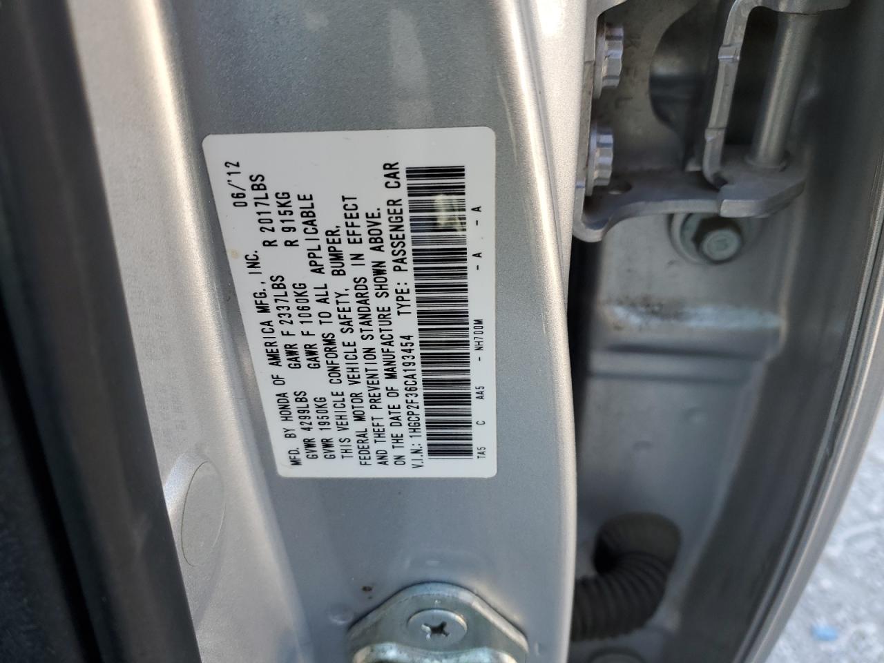 2012 Honda Accord VIN 1HGCP2F36CA193454 Copart auction photo, water/flood / front end damage thumbnail 12