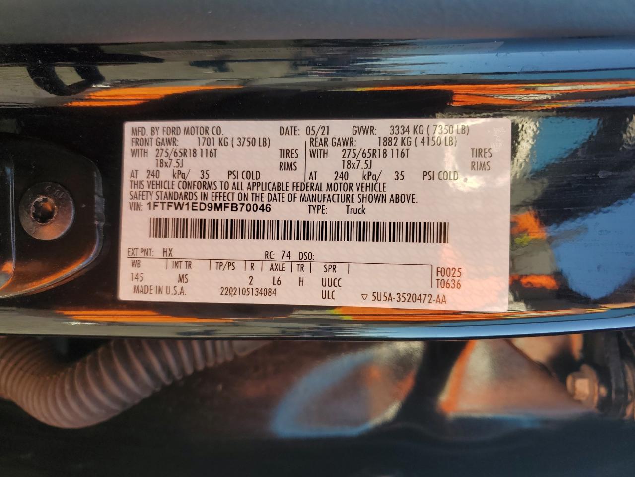 2021 Ford F-150 VIN 1FTFW1ED9MFB70046 Copart auction photo, front end damage thumbnail 14
