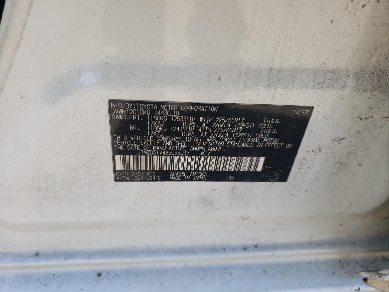 2008 Toyota RAV 4 VIN JTMZD31V485095037 Copart auction photo, minor dent/scratches damage thumbnail 13