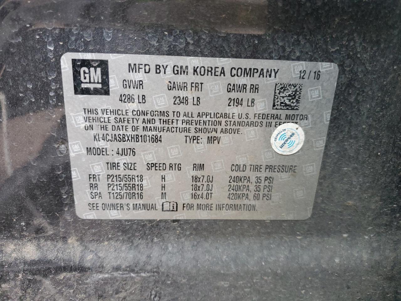 2017 Buick Encore VIN KL4CJASBXHB101684 Copart auction photo, side damage thumbnail 12