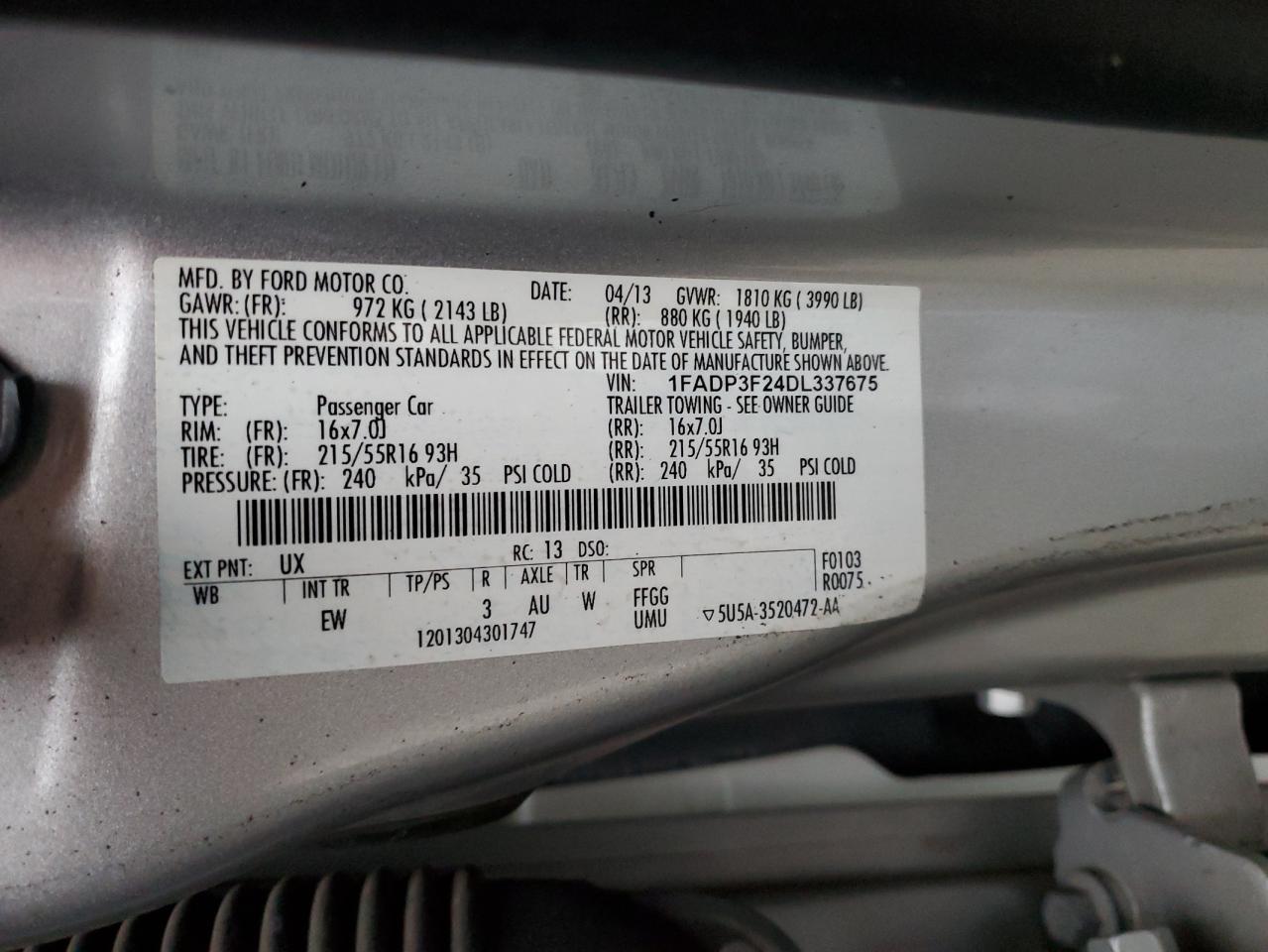 2013 Ford Focus VIN 1FADP3F24DL337675 Copart auction photo, front end / minor dent/scratches damage thumbnail 12