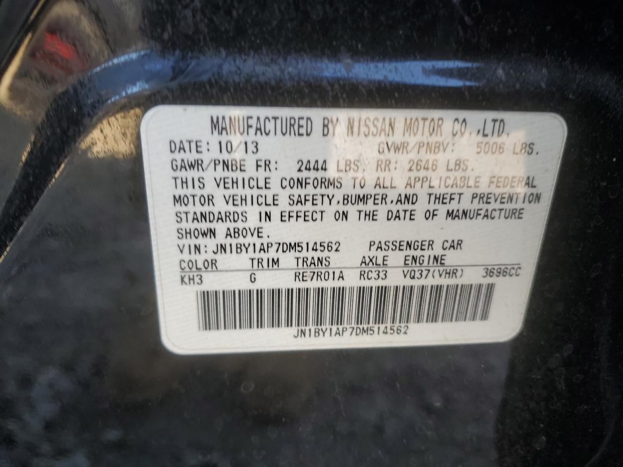 2013 Infiniti M VIN JN1BY1AP7DM514562 Copart auction photo, front end / minor dent/scratches damage thumbnail 12