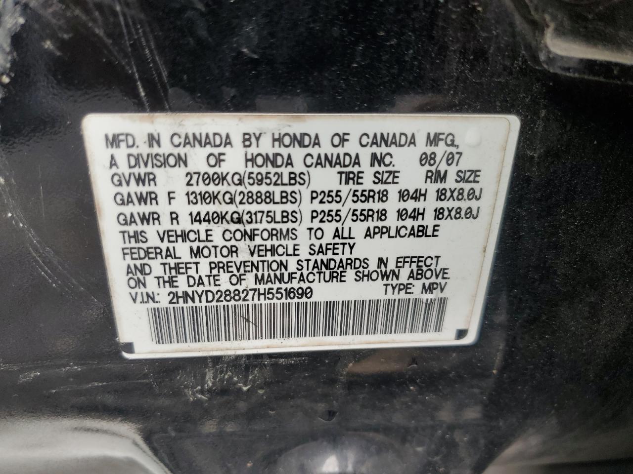 2007 Acura MDX VIN 2HNYD28827H551690 Copart auction photo, rear end damage thumbnail 12