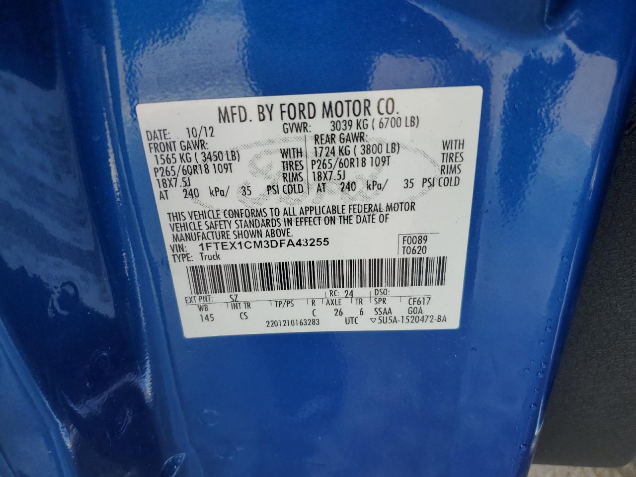 2013 Ford F-150 VIN 1FTEX1CM3DFA43255 Copart auction photo, front end / side damage thumbnail 14