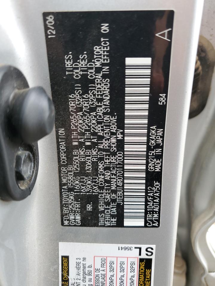 2007 Toyota 4Runner VIN JTEBU14R070117000 Copart auction photo, front end damage thumbnail 15
