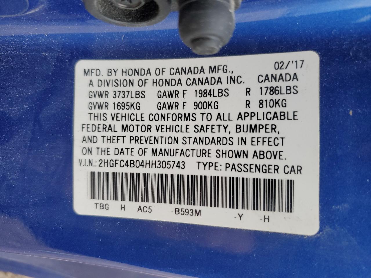 2017 Honda Civic VIN 2HGFC4B04HH305743 Copart auction photo, side / minor dent/scratches damage thumbnail 12
