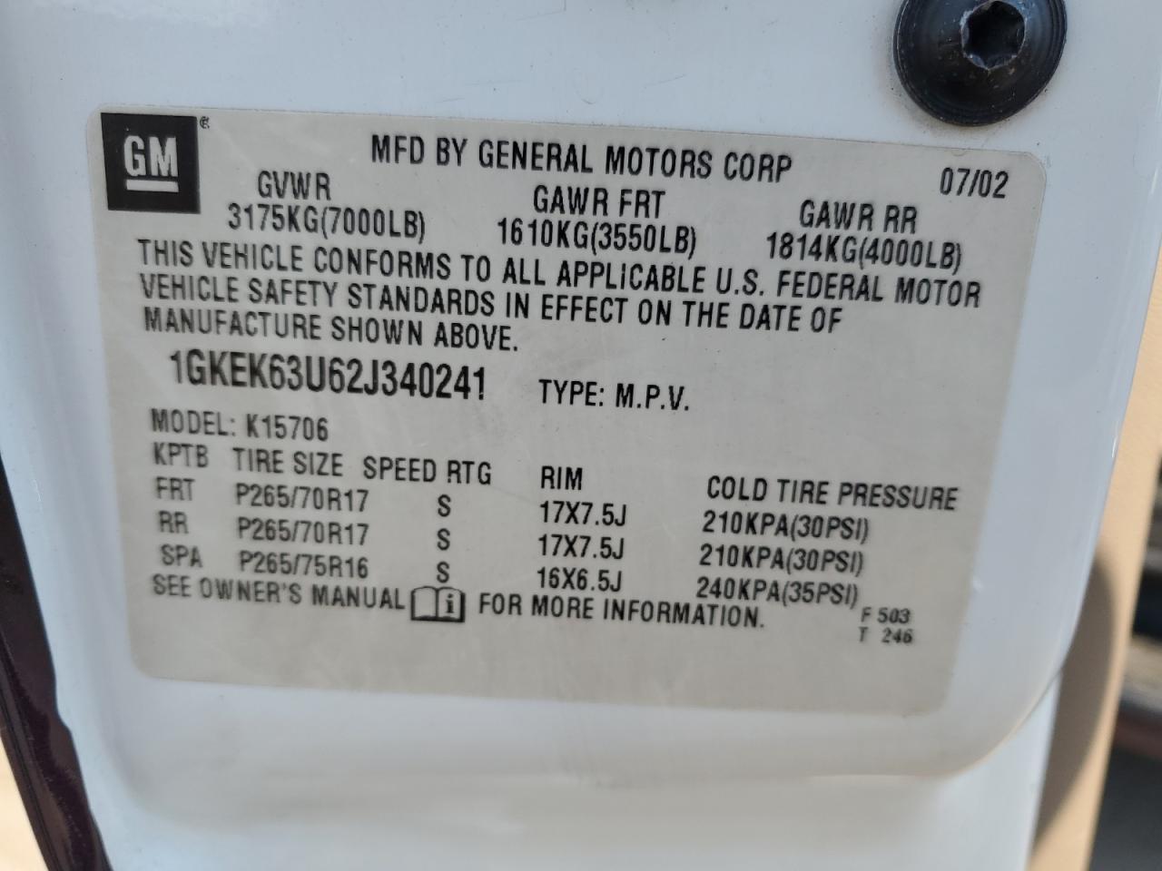 2002 GMC Yukon VIN 1GKEK63U62J340241 Copart auction photo, front end / rear end damage thumbnail 15