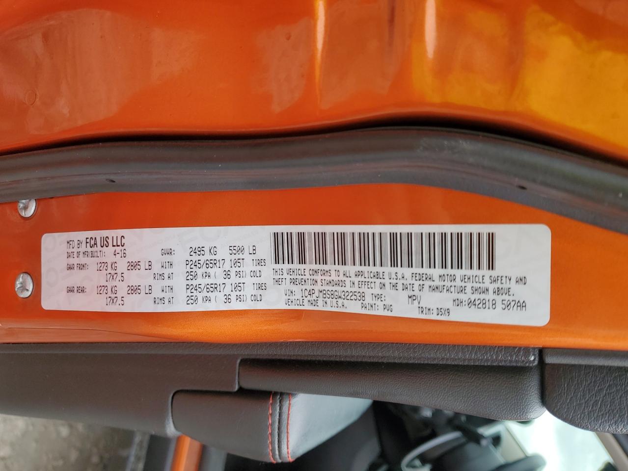 2016 Jeep Cherokee VIN 1C4PJMBS8GW322538 Copart auction photo, front end damage thumbnail 13