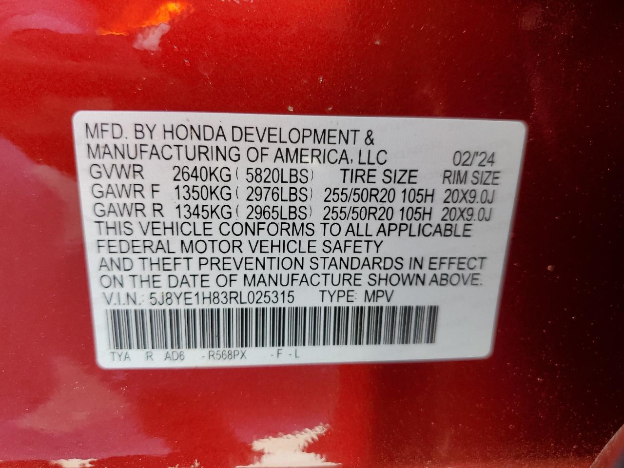 2024 Acura MDX VIN 5J8YE1H83RL025315 Copart auction photo, front end damage thumbnail 14