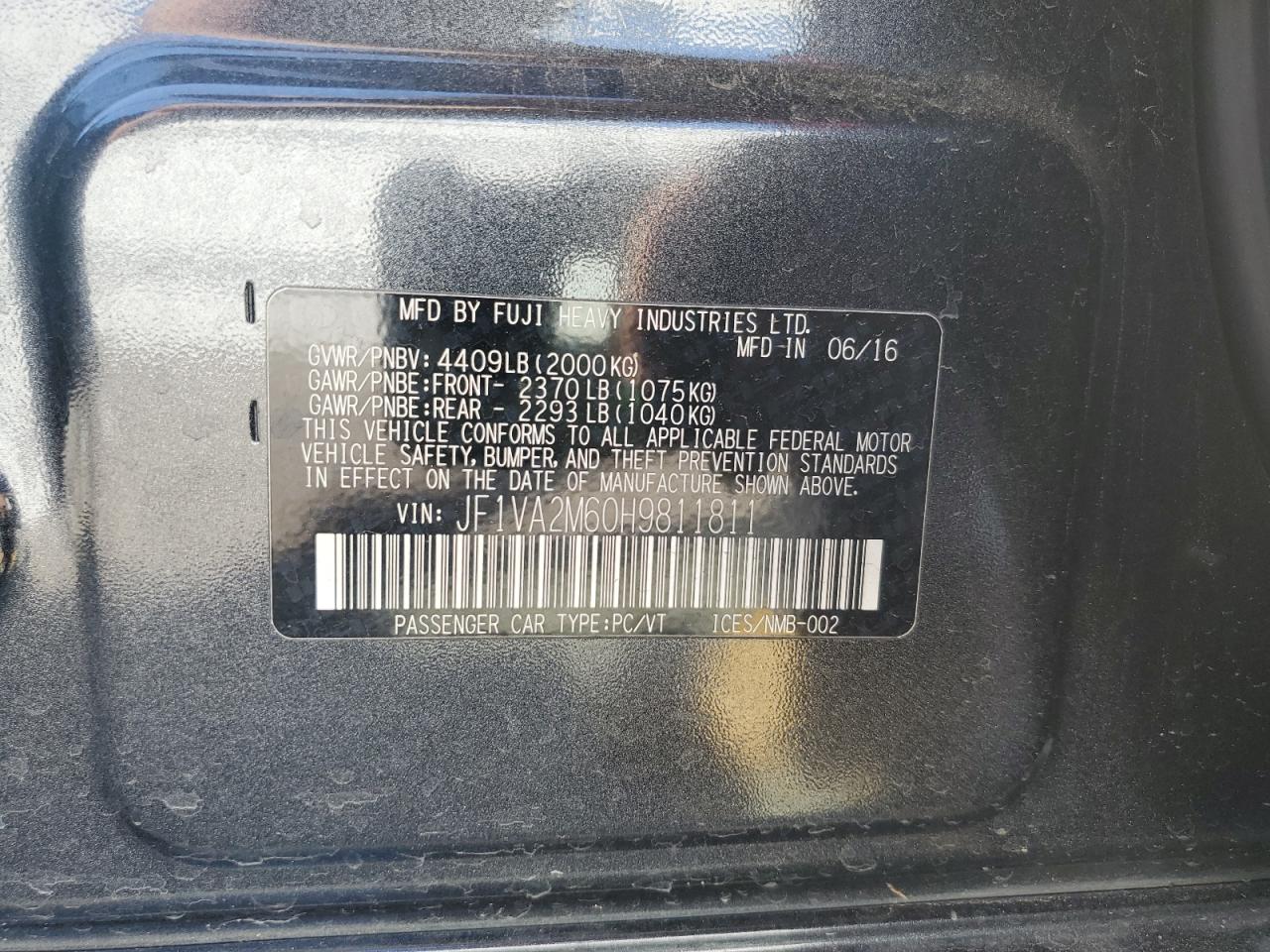 2017 Subaru WRX VIN JF1VA2M60H9811811 Copart auction photo, front end damage thumbnail 13