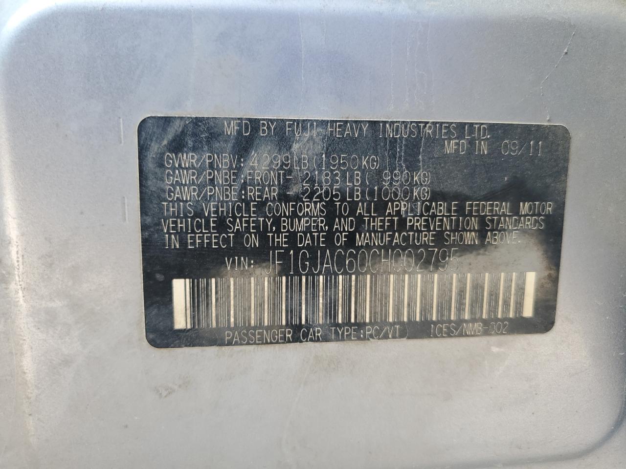2012 Subaru Impreza VIN JF1GJAC60CH002795 Copart auction photo, all over damage thumbnail 13