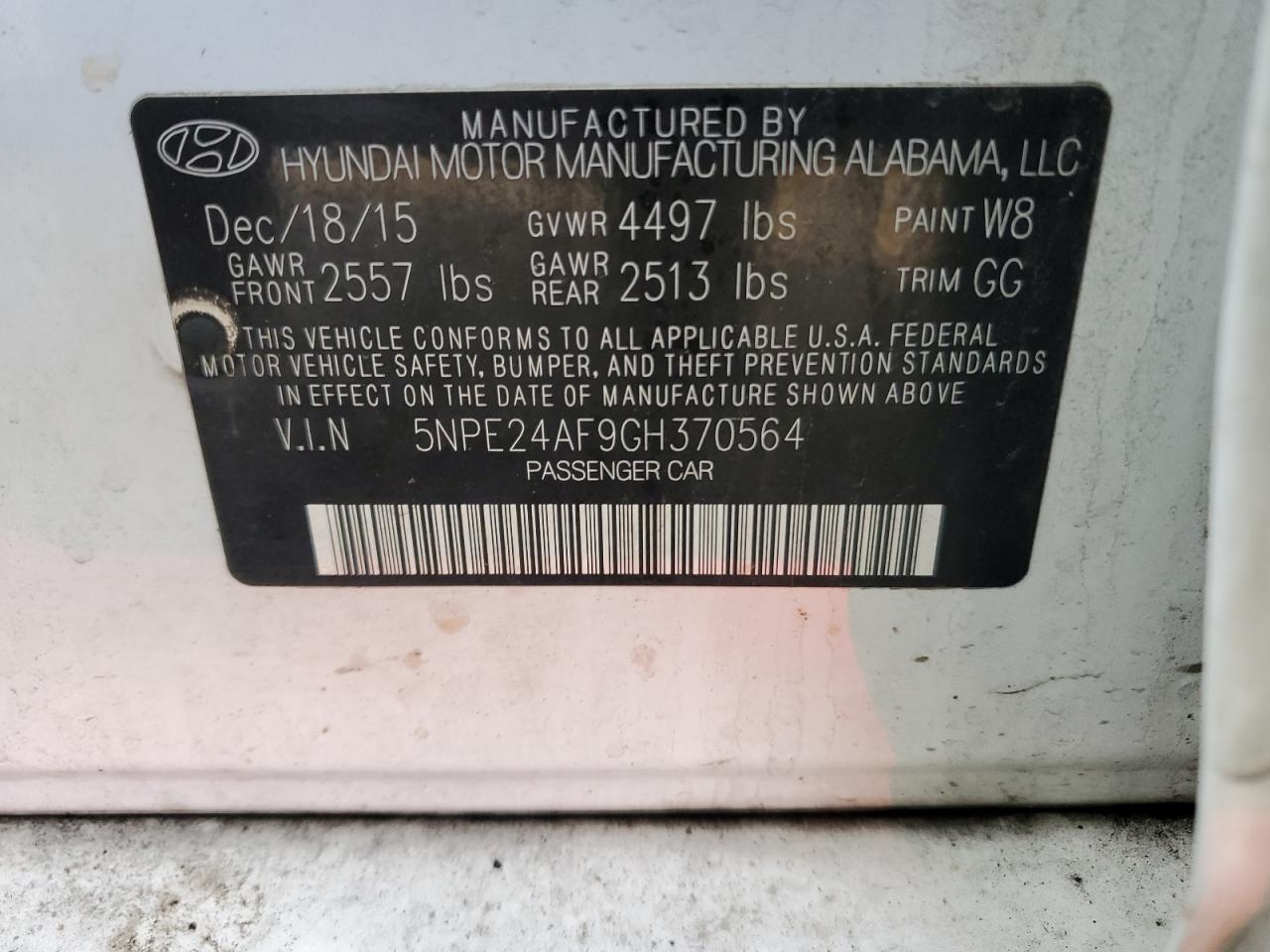 2016 Hyundai Sonata VIN 5NPE24AF9GH370564 Copart auction photo, front end / vandalism damage thumbnail 12
