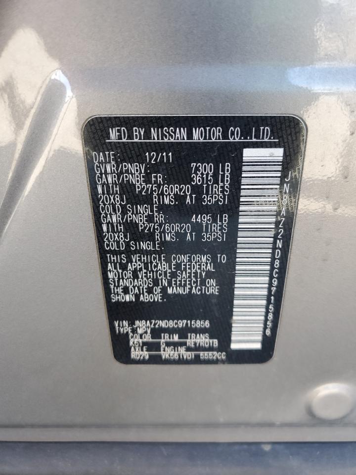 2012 Infiniti QX56 VIN JN8AZ2ND8C9715856 Copart auction photo, front end / side damage thumbnail 13