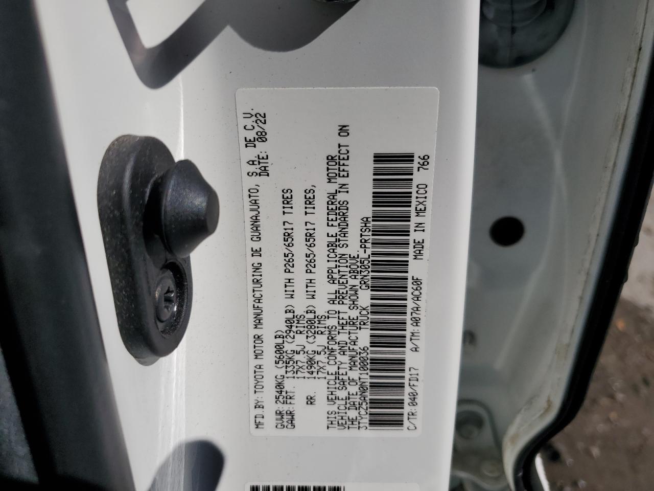 2022 Toyota Tacoma VIN 3TYCZ5AN0NT100036 Copart auction photo, side / front end damage thumbnail 13