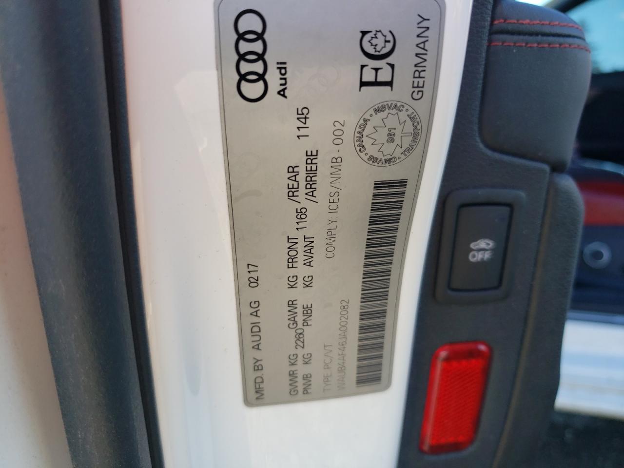 2018 Audi RS4 VIN WAUB4AF46JA002082 Copart auction photo, vandalism / rear end damage thumbnail 12