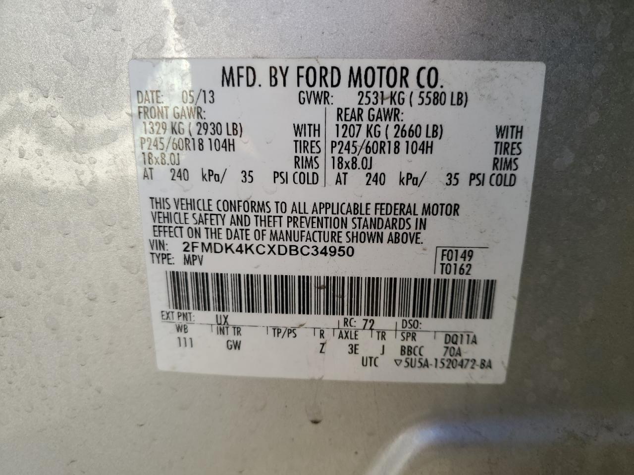2013 Ford Edge VIN 2FMDK4KCXDBC34950 Copart auction photo, rear end damage thumbnail 13