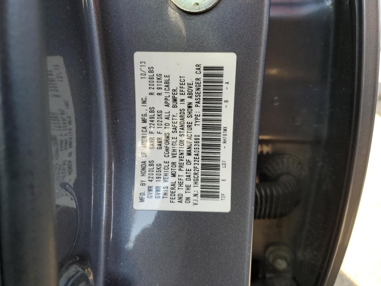 2014 Honda Accord VIN 1HGCR2F32EA053690 Copart auction photo, front end / rear end damage thumbnail 13