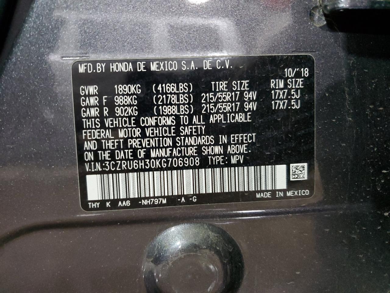 2019 Honda HR-V VIN 3CZRU6H30KG706908 Copart auction photo, front end / side damage thumbnail 12