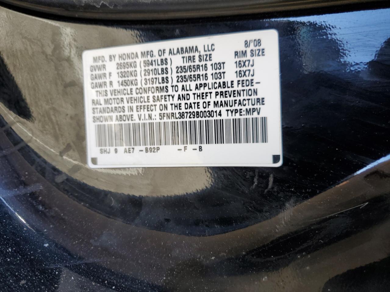 2009 Honda Odyssey VIN 5FNRL38729B003014 Copart auction photo, front end damage thumbnail 14