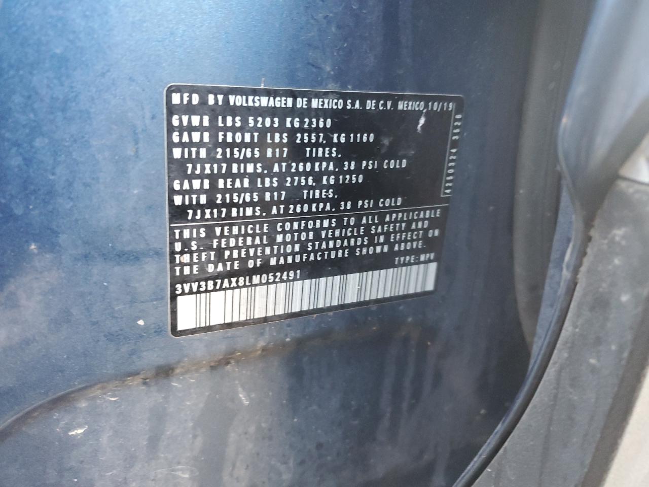 2020 Volkswagen Tiguan VIN 3VV3B7AX8LM052491 Copart auction photo, front end damage thumbnail 15