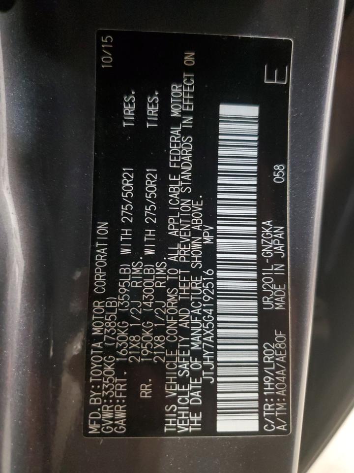 2016 Lexus LX VIN JTJHY7AX5G4192516 Copart auction photo, rear end damage thumbnail 13