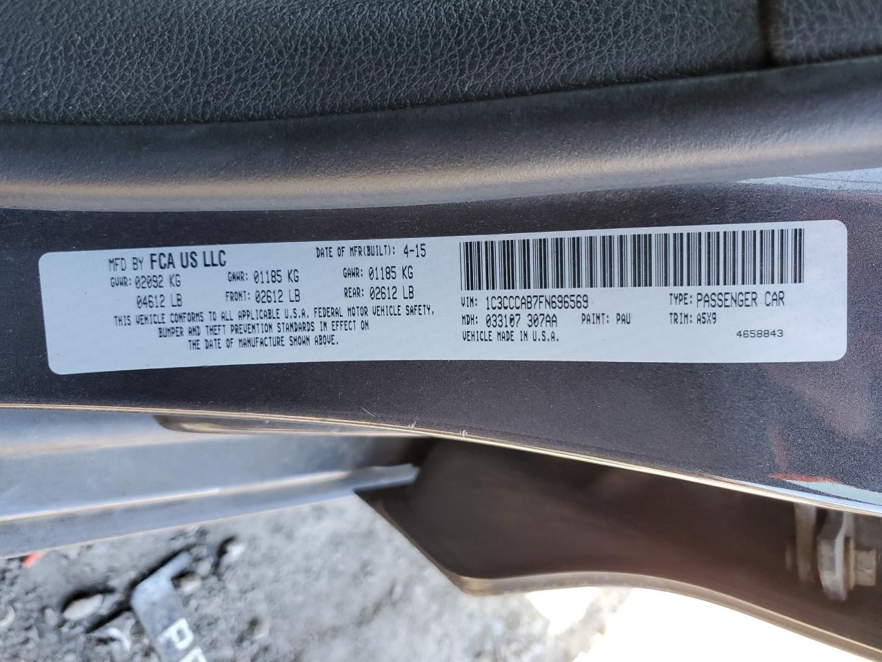 2015 Chrysler 200 VIN 1C3CCCAB7FN696569 Copart auction photo, front end / side damage thumbnail 12