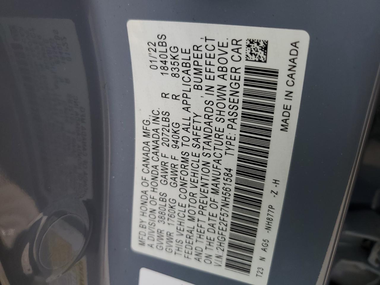 2022 Honda Civic VIN 2HGFE2F57NH561584 Copart auction photo, frame damage / rear end damage thumbnail 14