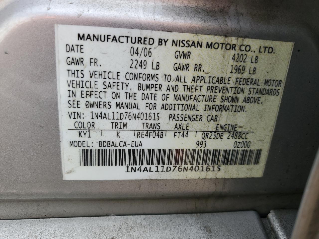 2006 Nissan Altima VIN 1N4AL11D76N401615 Copart auction photo, side / rear end damage thumbnail 12