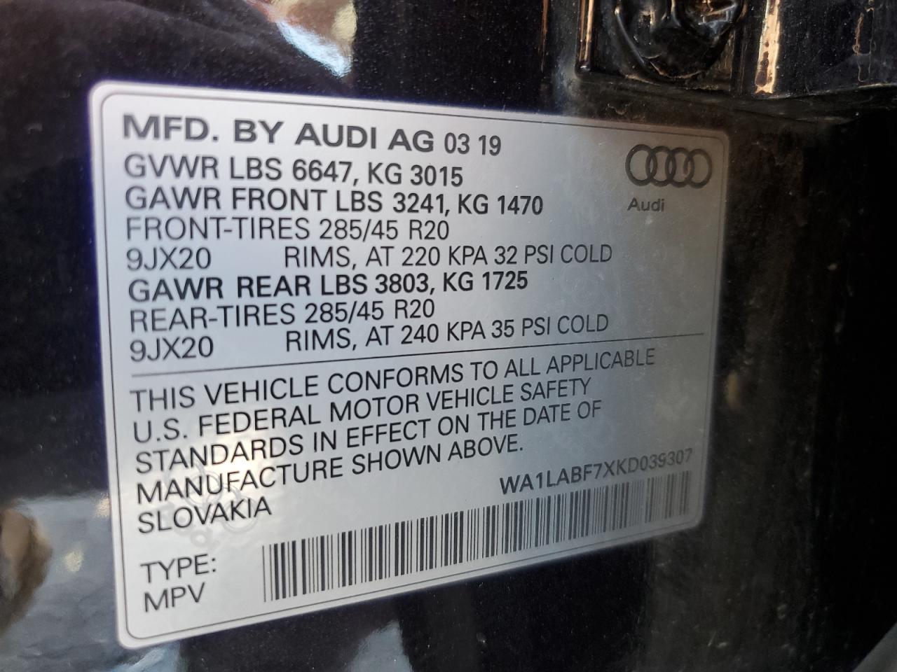 2019 Audi Q7 VIN WA1LABF7XKD039307 Copart auction photo, front end damage thumbnail 15
