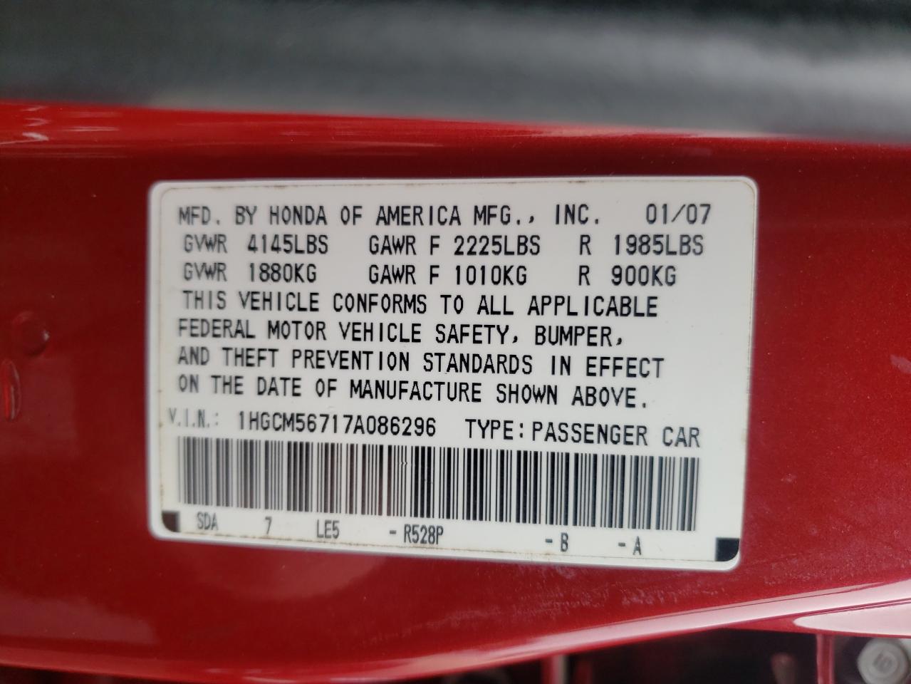 2007 Honda Accord VIN 1HGCM56717A086296 Copart auction photo, front end / rear end damage thumbnail 12