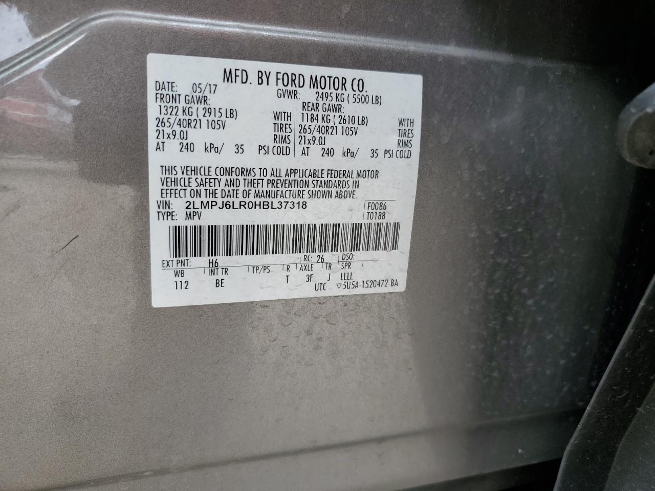2017 Lincoln MKX VIN 2LMPJ6LR0HBL37318 Copart auction photo, front end damage thumbnail 14