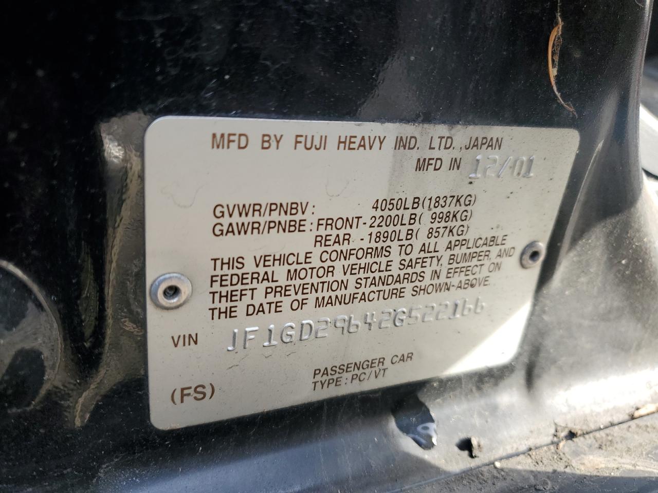 2002 Subaru WRX VIN JF1GD29642G522166 Copart auction photo, front end / side damage thumbnail 12