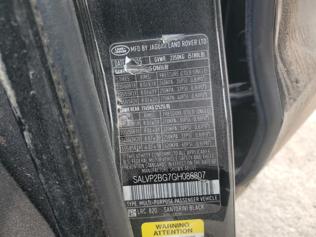 2016 Land Rover Range Rover VIN SALVP2BG7GH086807 Copart auction photo, rollover damage thumbnail 12